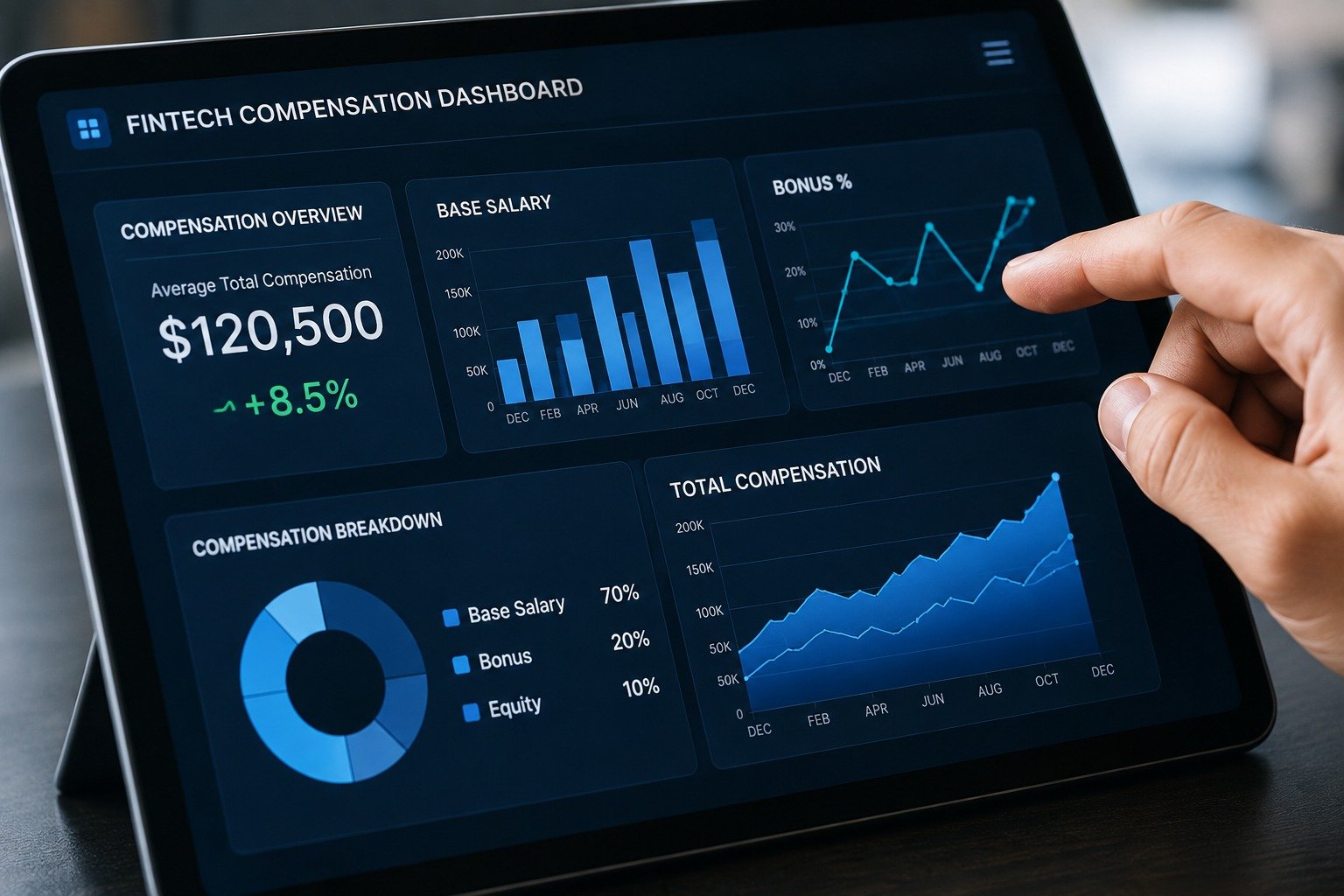 Laptop displaying upward-trending financial charts with a notebook, pen, and stacked coins on a desk